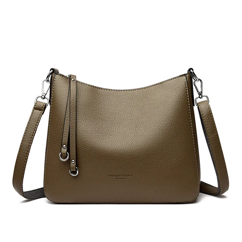 Genuine leather crossbody bag with metal belt decoration, horizontal square shape, available in khaki and other colours