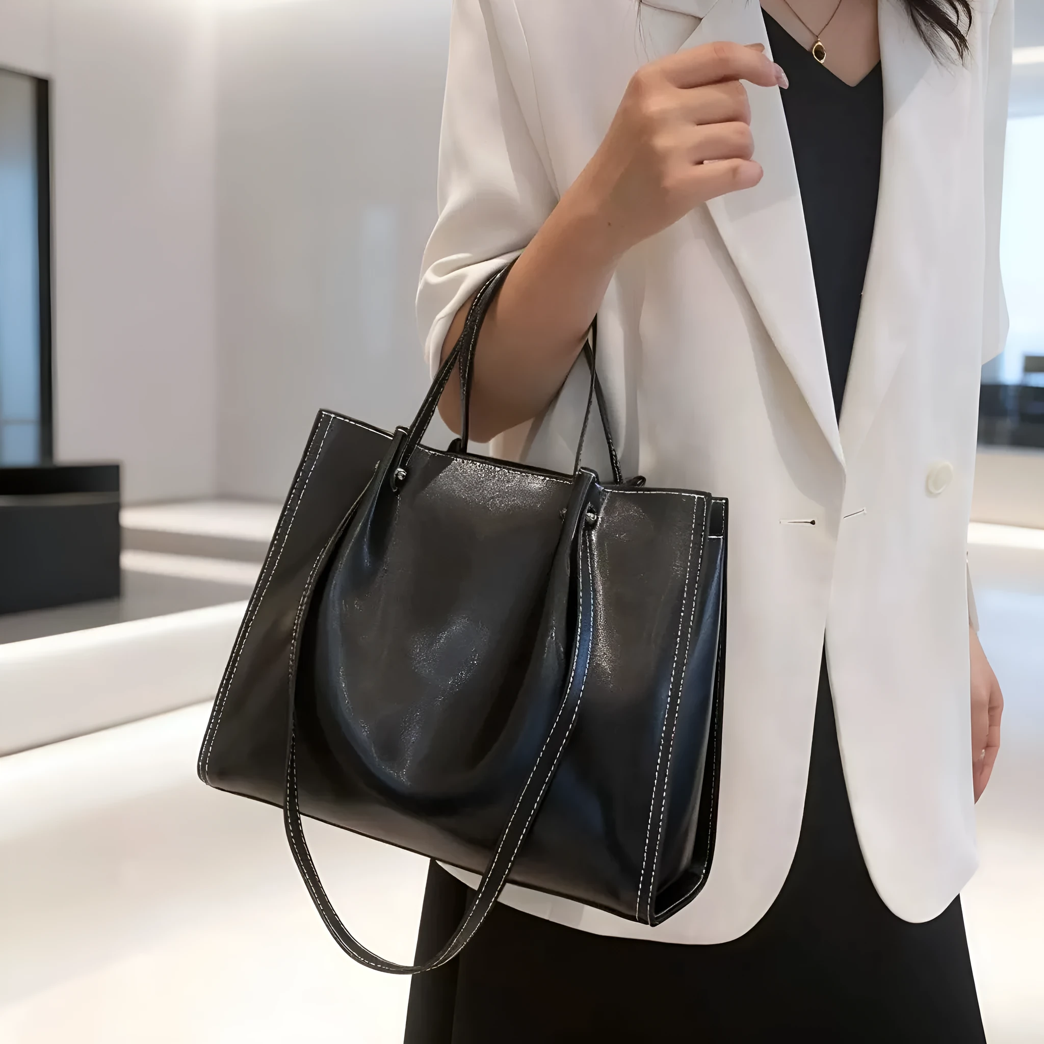 Genuine leather cowhide messenger bag for women, horizontal square shape, 32x13x26cm, splice design, available in four colours