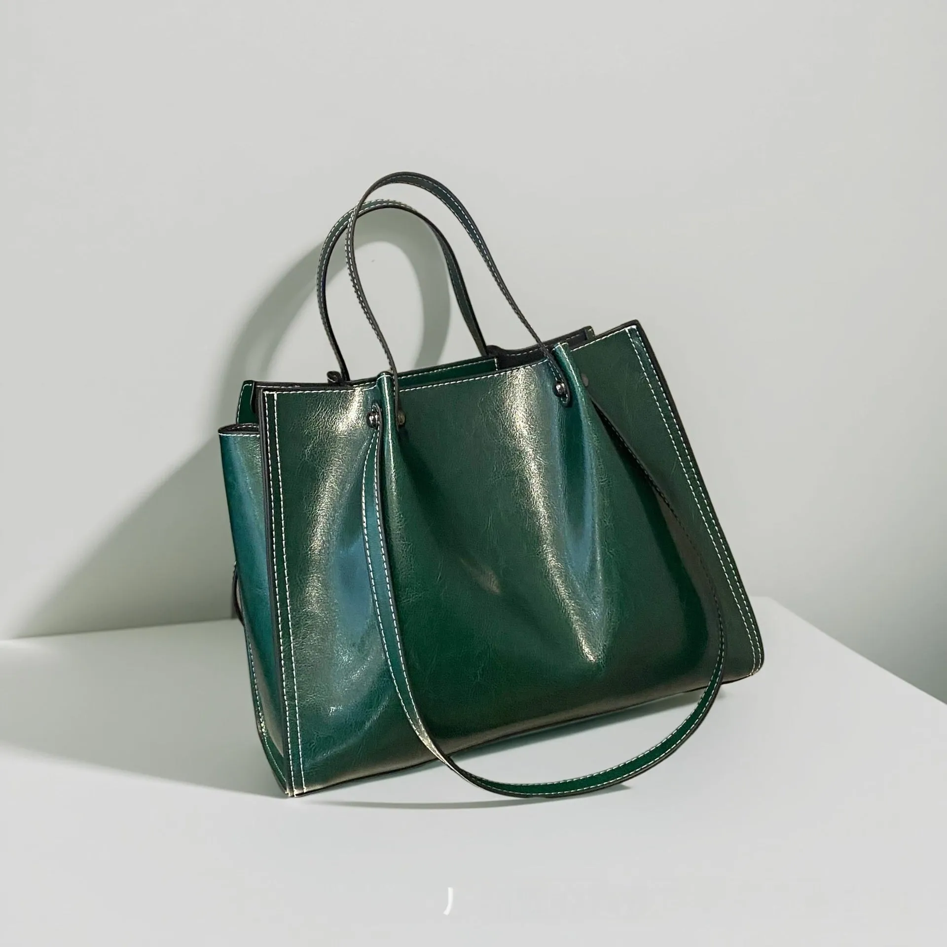 Genuine leather cowhide messenger bag for women, horizontal square shape, 32x13x26cm, splice design, available in four colours