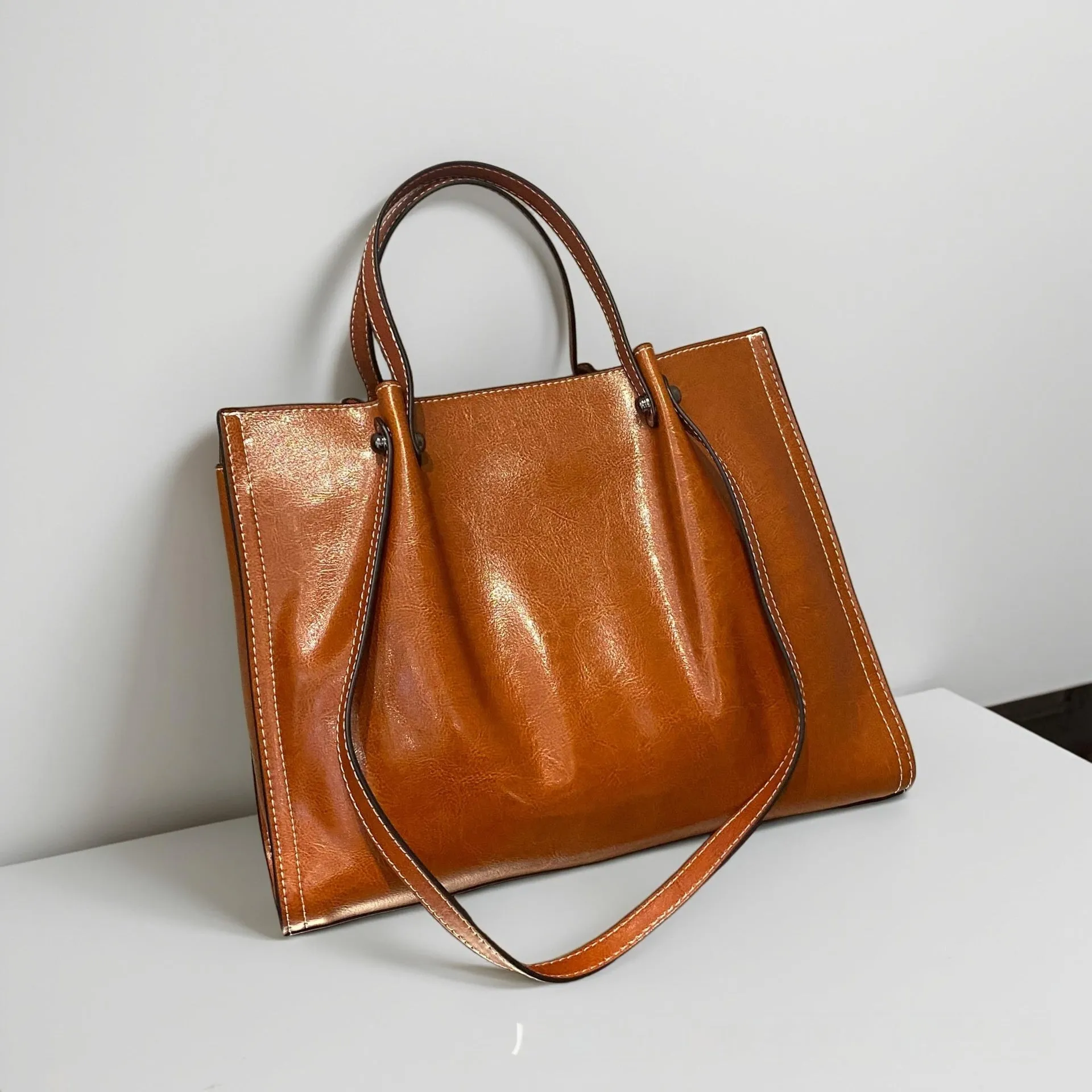 Genuine leather cowhide messenger bag for women, horizontal square shape, 32x13x26cm, splice design, available in four colours