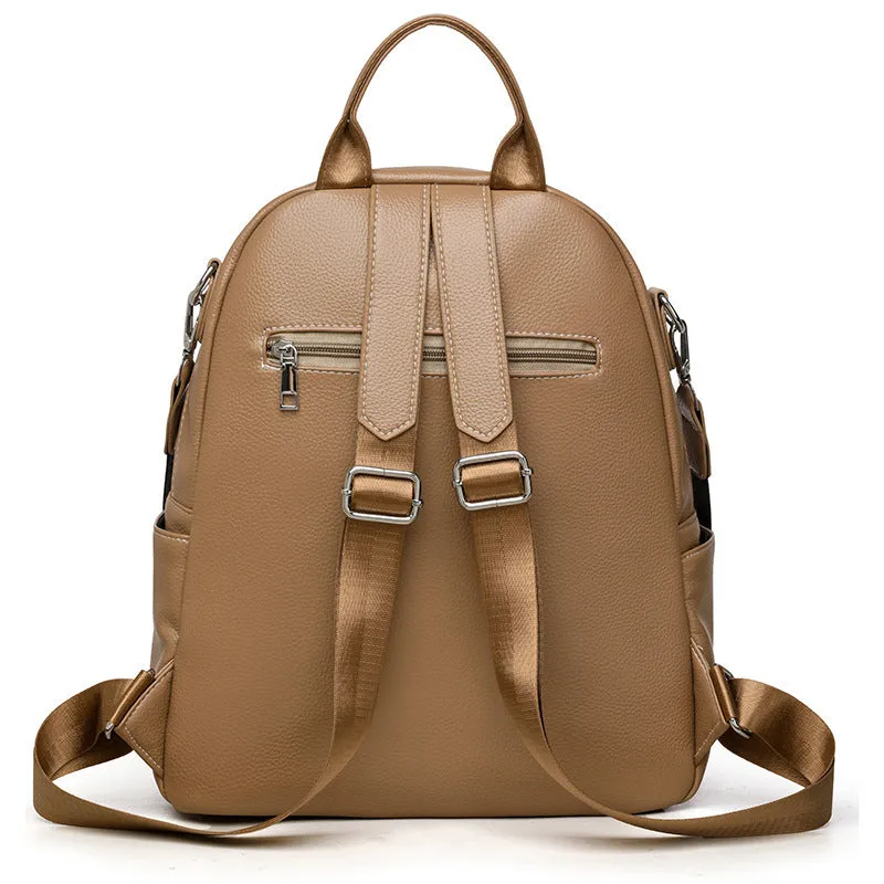 Genuine leather hand-held tassel backpack in khaki with stitching and fringe detail