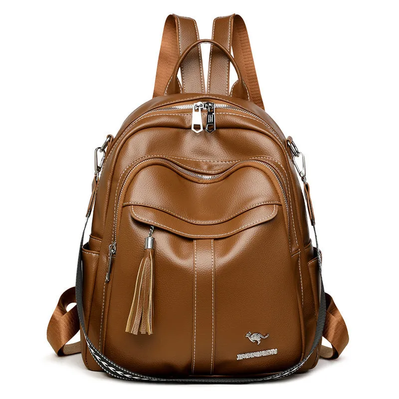 Genuine leather hand-held tassel backpack in khaki with stitching and fringe detail