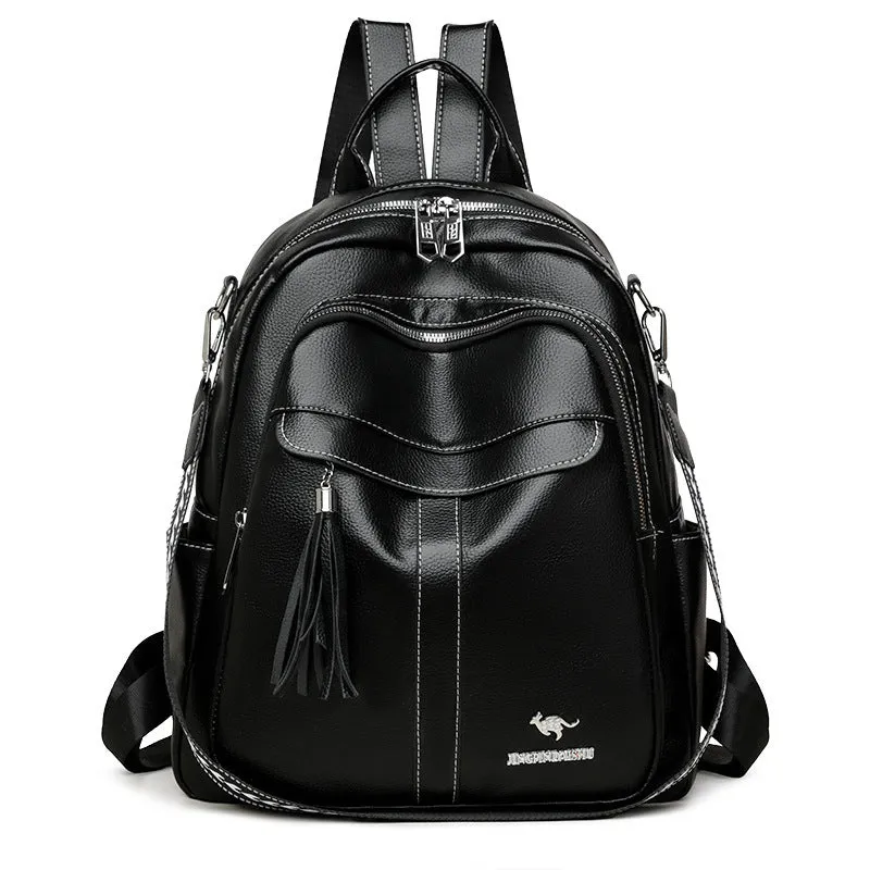 Genuine leather hand-held tassel backpack in khaki with stitching and fringe detail