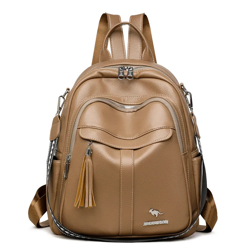 Genuine leather hand-held tassel backpack in khaki with stitching and fringe detail