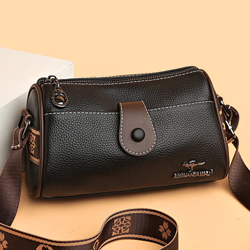 Retro women's leather crossbody bag in khaki, horizontal square shape with top grain leather and spliced detail