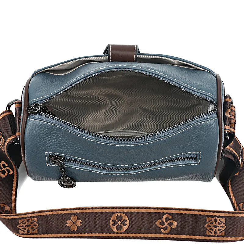 Retro women's leather crossbody bag in khaki, horizontal square shape with top grain leather and spliced detail