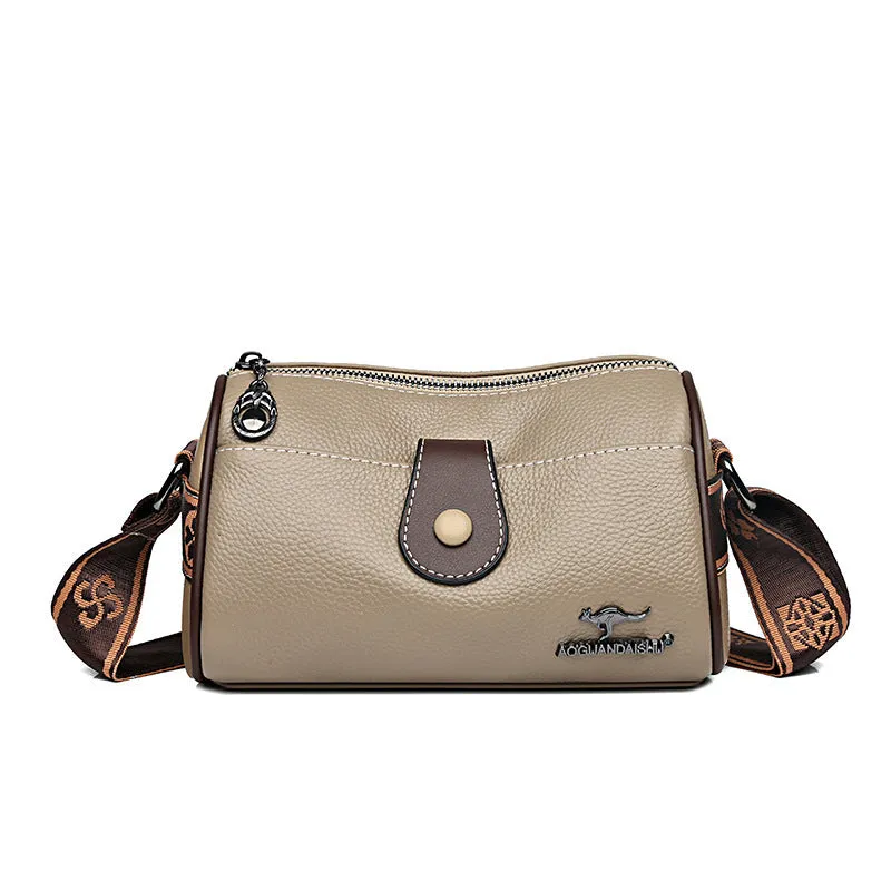 Retro women's leather crossbody bag in khaki, horizontal square shape with top grain leather and spliced detail