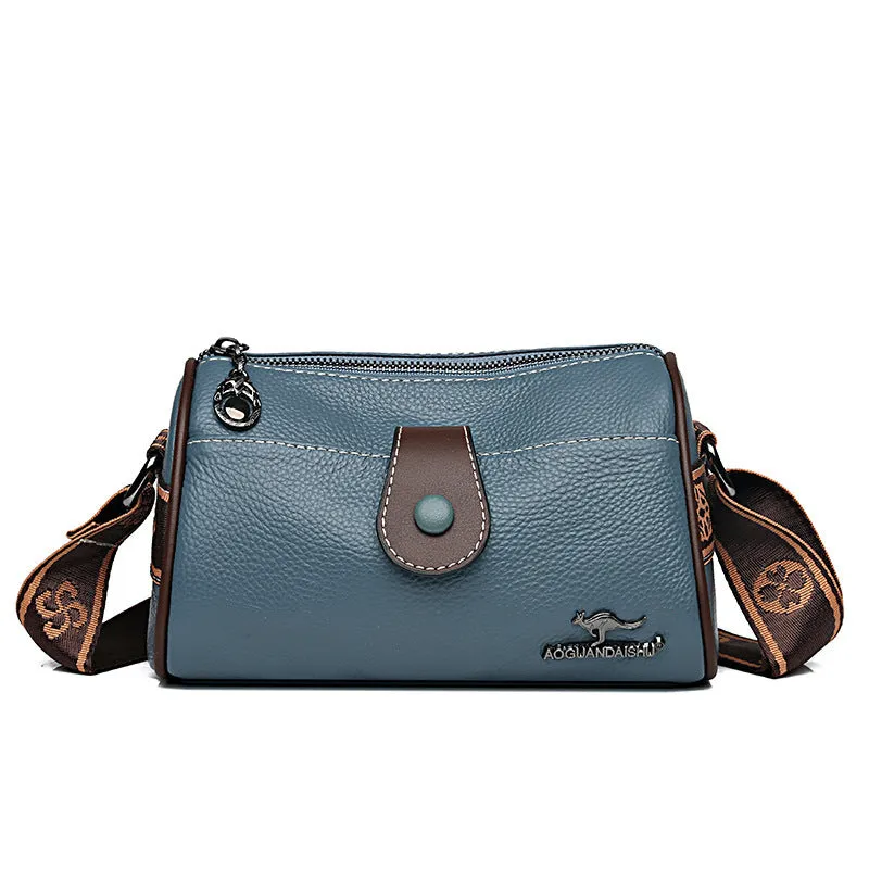 Retro women's leather crossbody bag in khaki, horizontal square shape with top grain leather and spliced detail