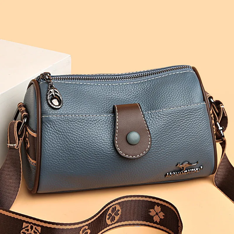 Retro women's leather crossbody bag in khaki, horizontal square shape with top grain leather and spliced detail