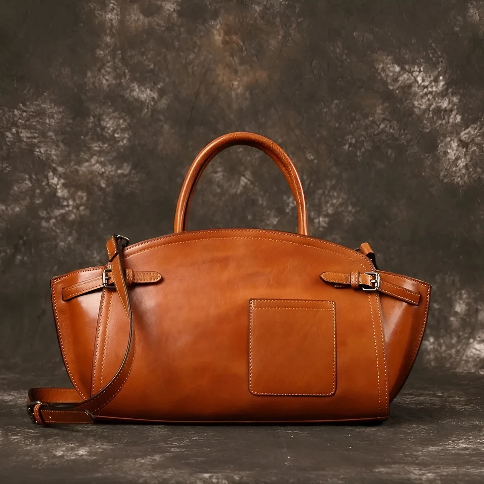 Genuine leather women's casual zip crossbody bag in brown with patchwork detail and multiple pockets