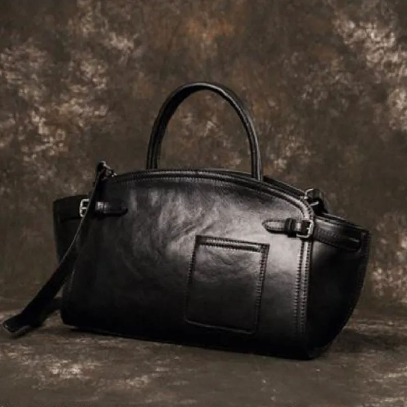Genuine leather women's casual zip crossbody bag in brown with patchwork detail and multiple pockets