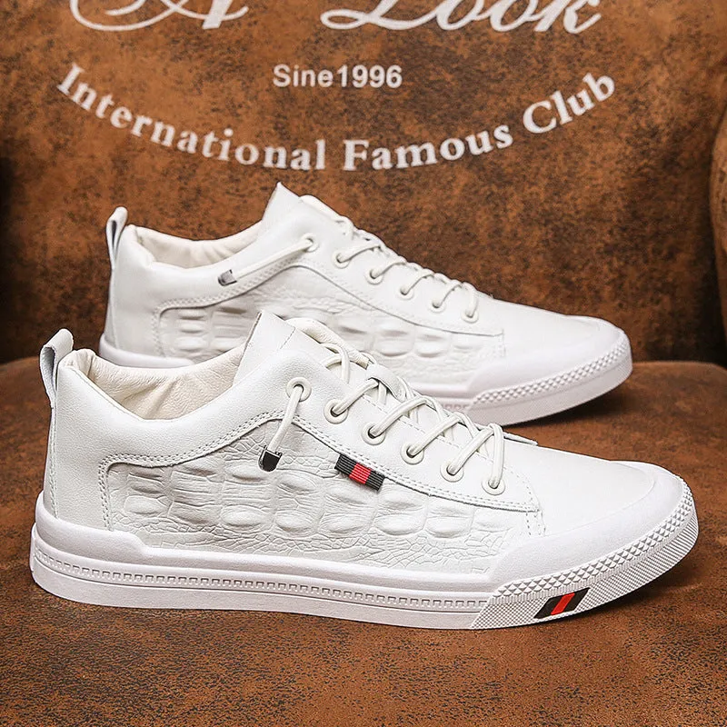 White men's lace-up casual sneakers with a PU leather upper and rubber sole on a flat heel.