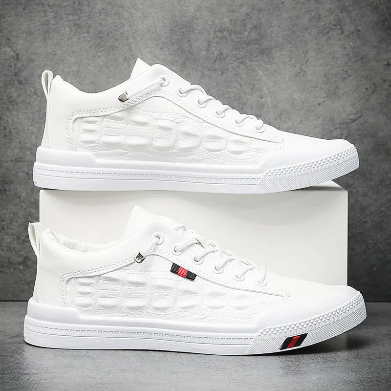 White men's lace-up casual sneakers with a PU leather upper and rubber sole on a flat heel.