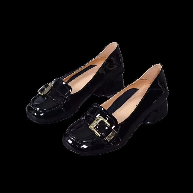 New British soft-soled women's flats in black cowhide leather with square heel