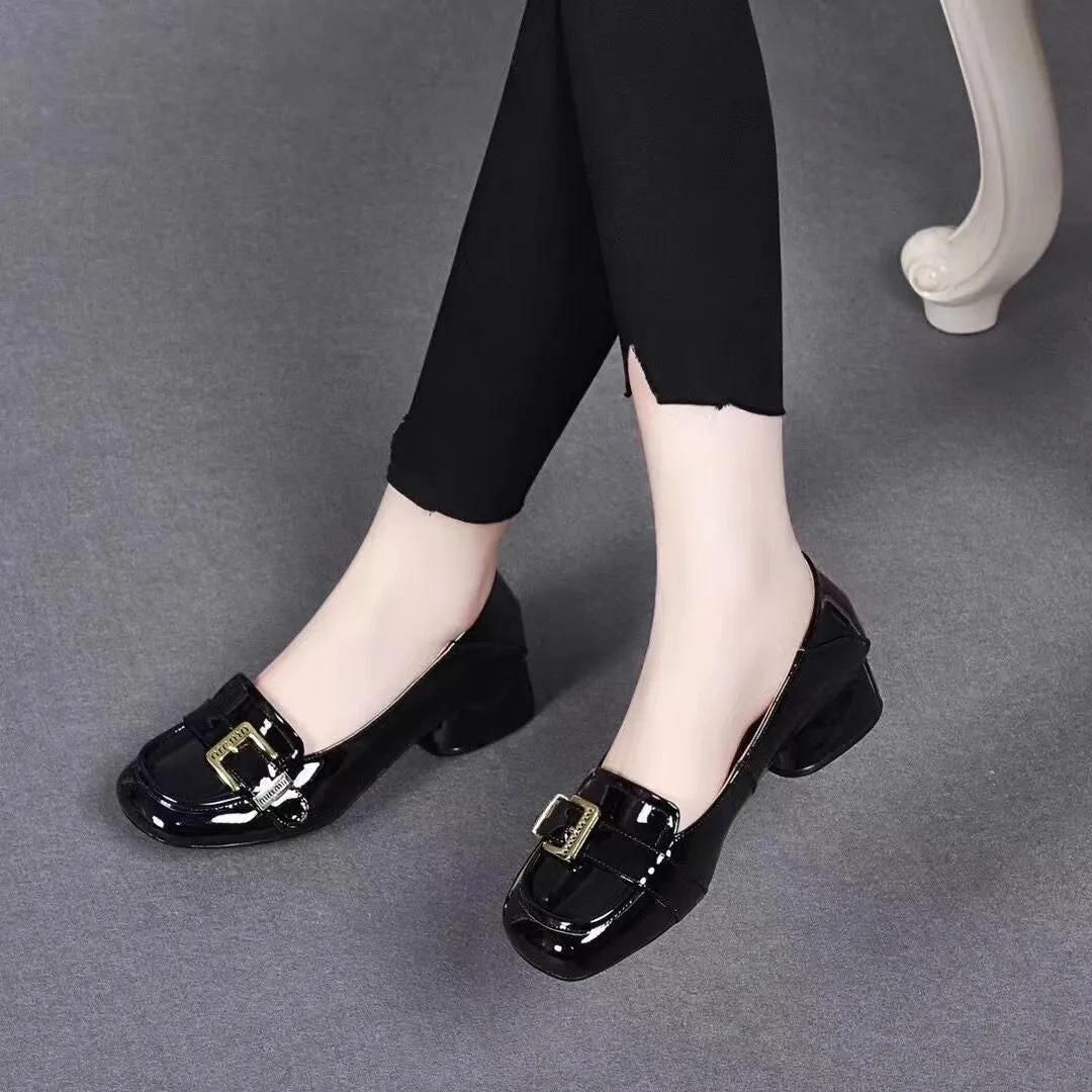 New British soft-soled women's flats in black cowhide leather with square heel