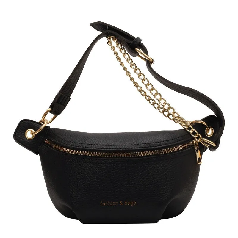Waist bag with single shoulder design, PU material, medium soft texture, zippered compartment, splicing detail, available in black pink white colours.