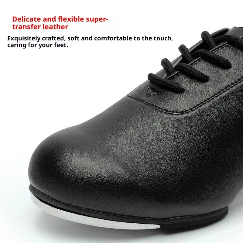 Adult tap dance shoes with leather upper, black men's style, on a plain background.