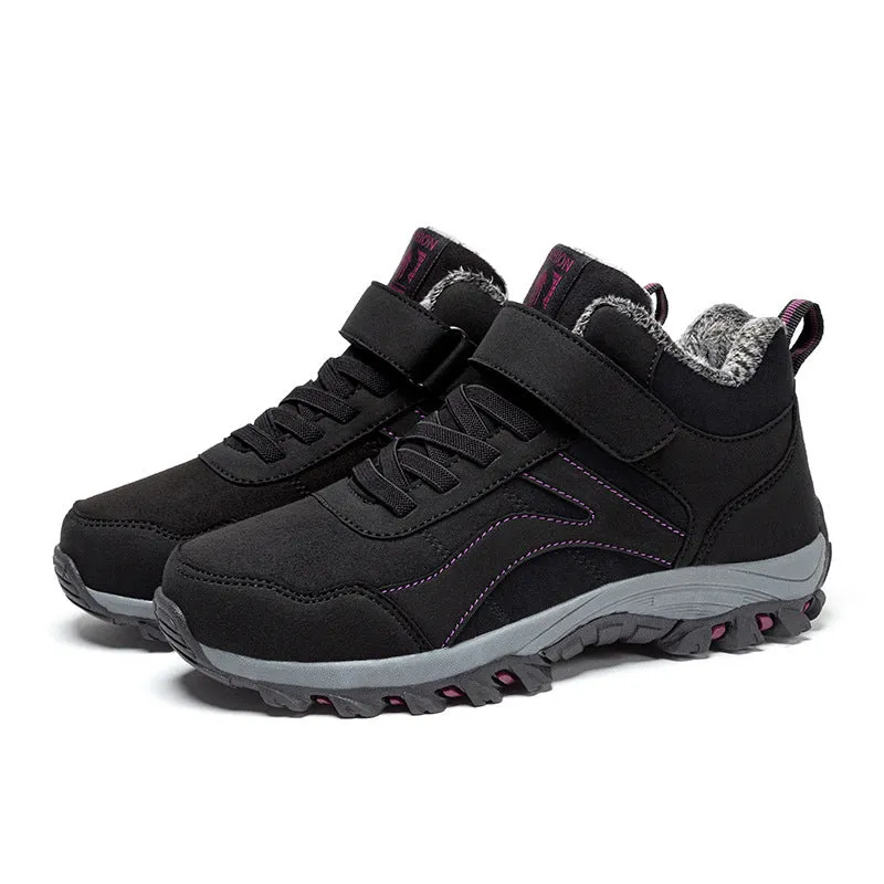 Women's high-top fleece-lined walking shoes in black, synthetic leather upper