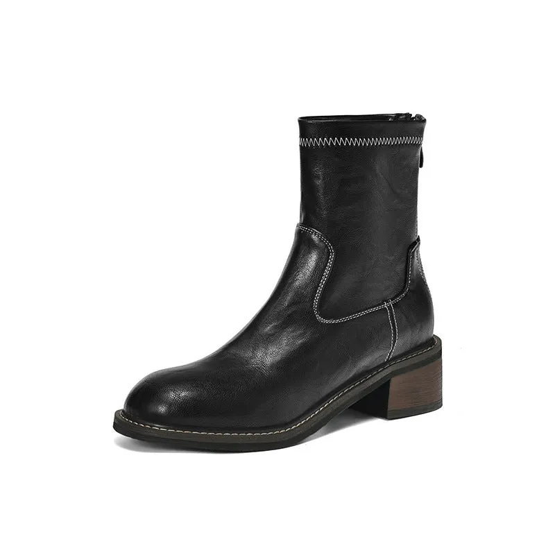 Women's casual mid-heel Martin boots with artificial PU upper and front lacing in black and brown