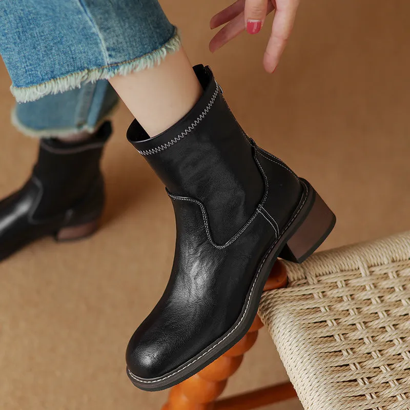 Women's casual mid-heel Martin boots with artificial PU upper and front lacing in black and brown