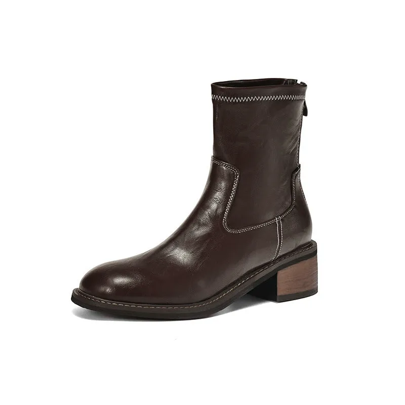 Women's casual mid-heel Martin boots with artificial PU upper and front lacing in black and brown