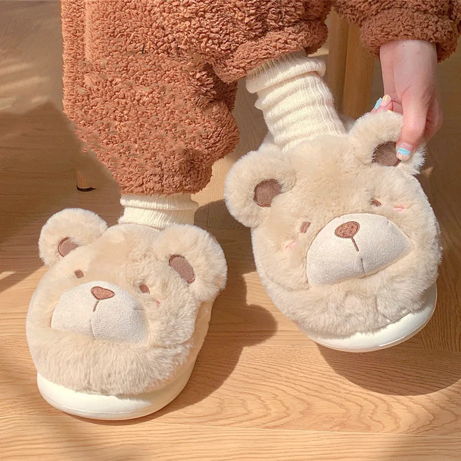 Women's plush slippers with suede upper in round toe design and cartoon pattern