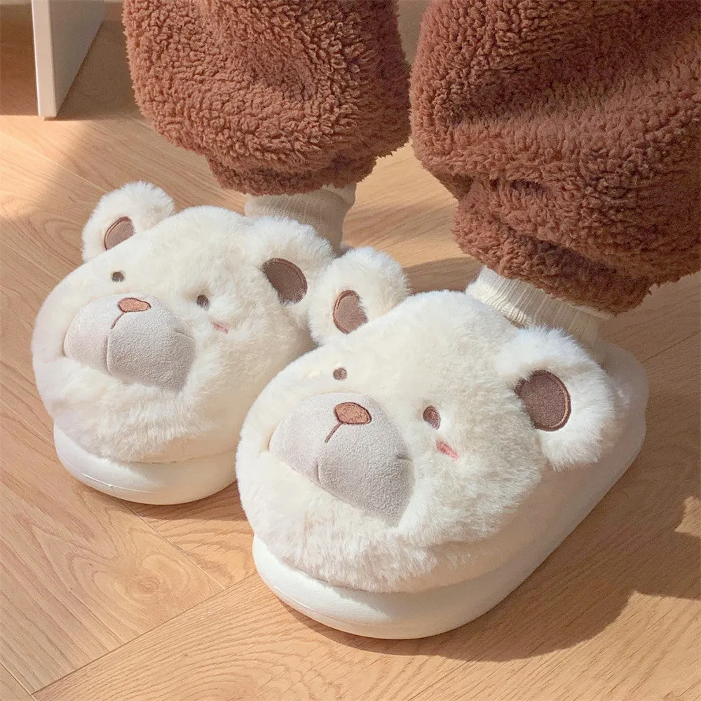Women's plush slippers with suede upper in round toe design and cartoon pattern