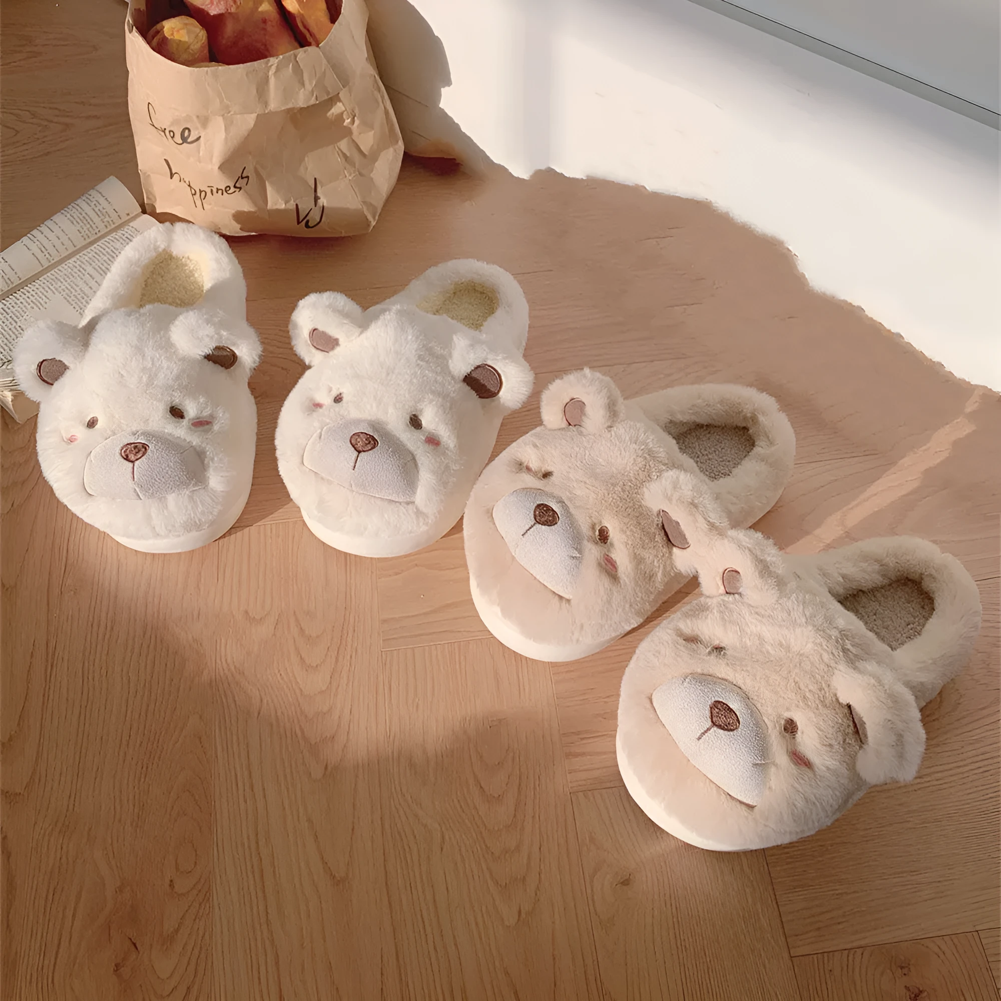 Women's plush slippers with suede upper in round toe design and cartoon pattern