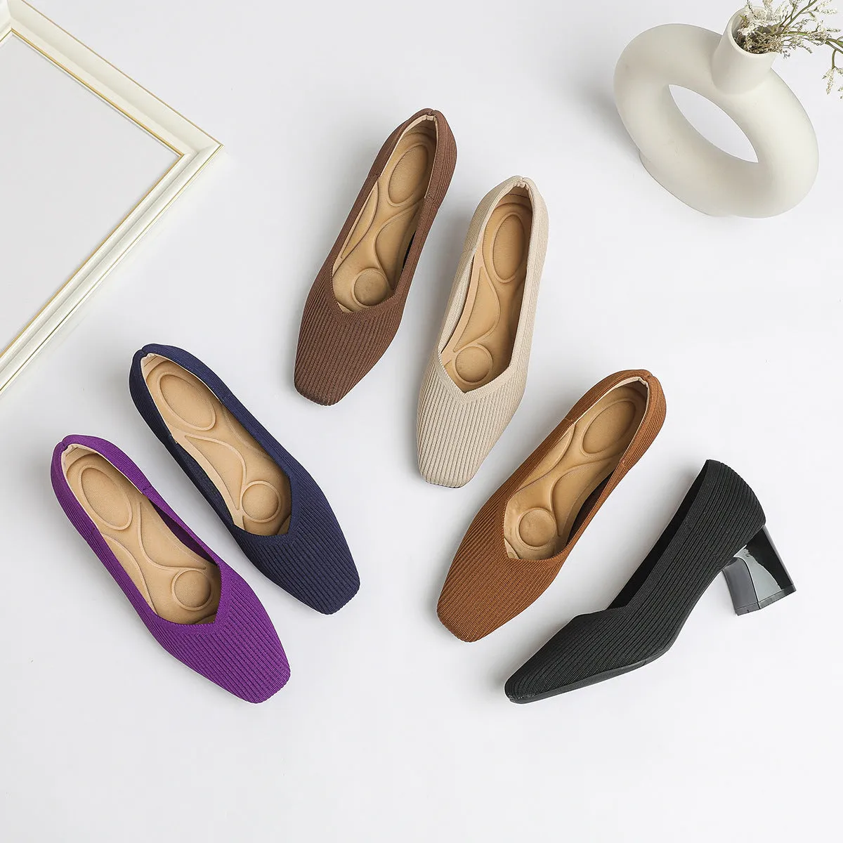 Women's thick head stiletto knitted shoes with block heel, square toe, and mid-heel height, available in multiple colours