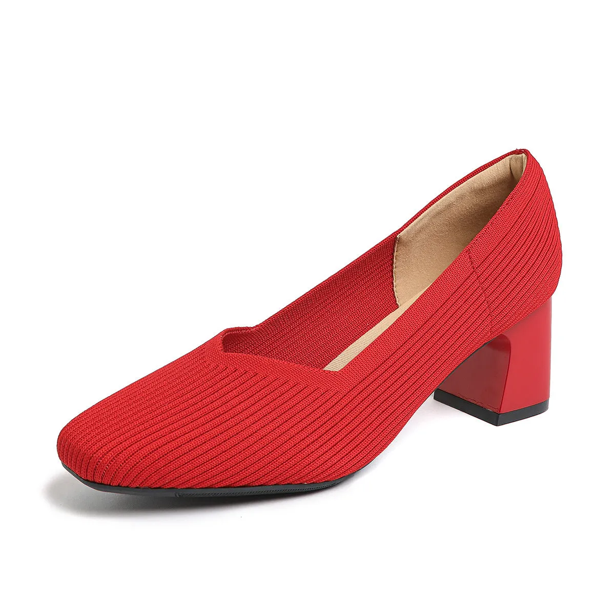 Women's thick head stiletto knitted shoes with block heel, square toe, and mid-heel height, available in multiple colours