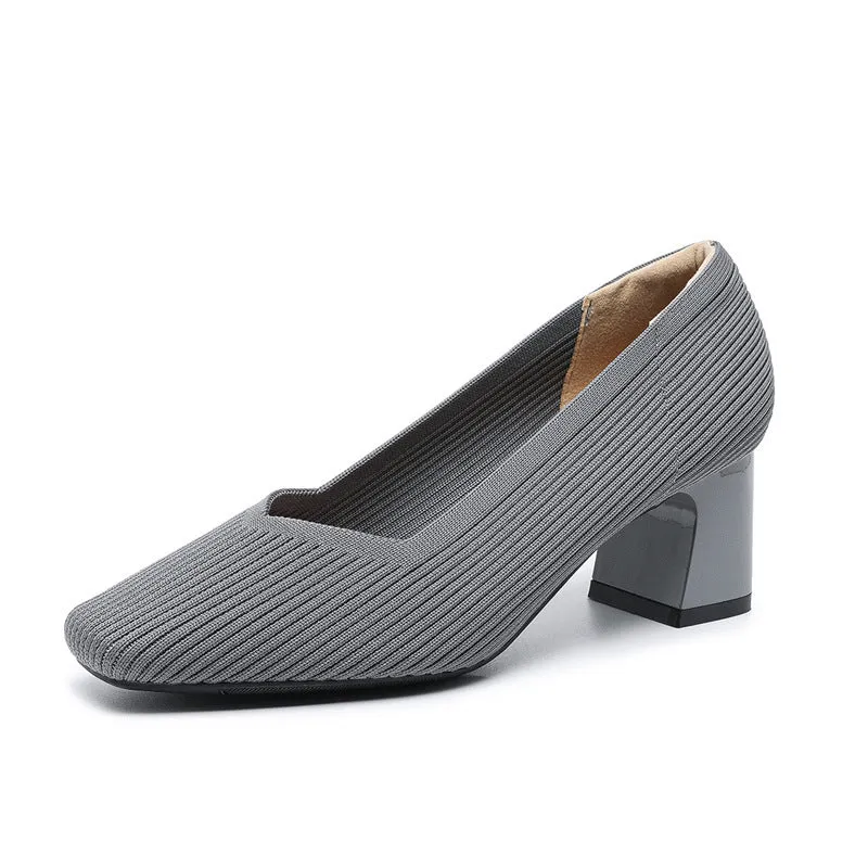 Women's thick head stiletto knitted shoes with block heel, square toe, and mid-heel height, available in multiple colours