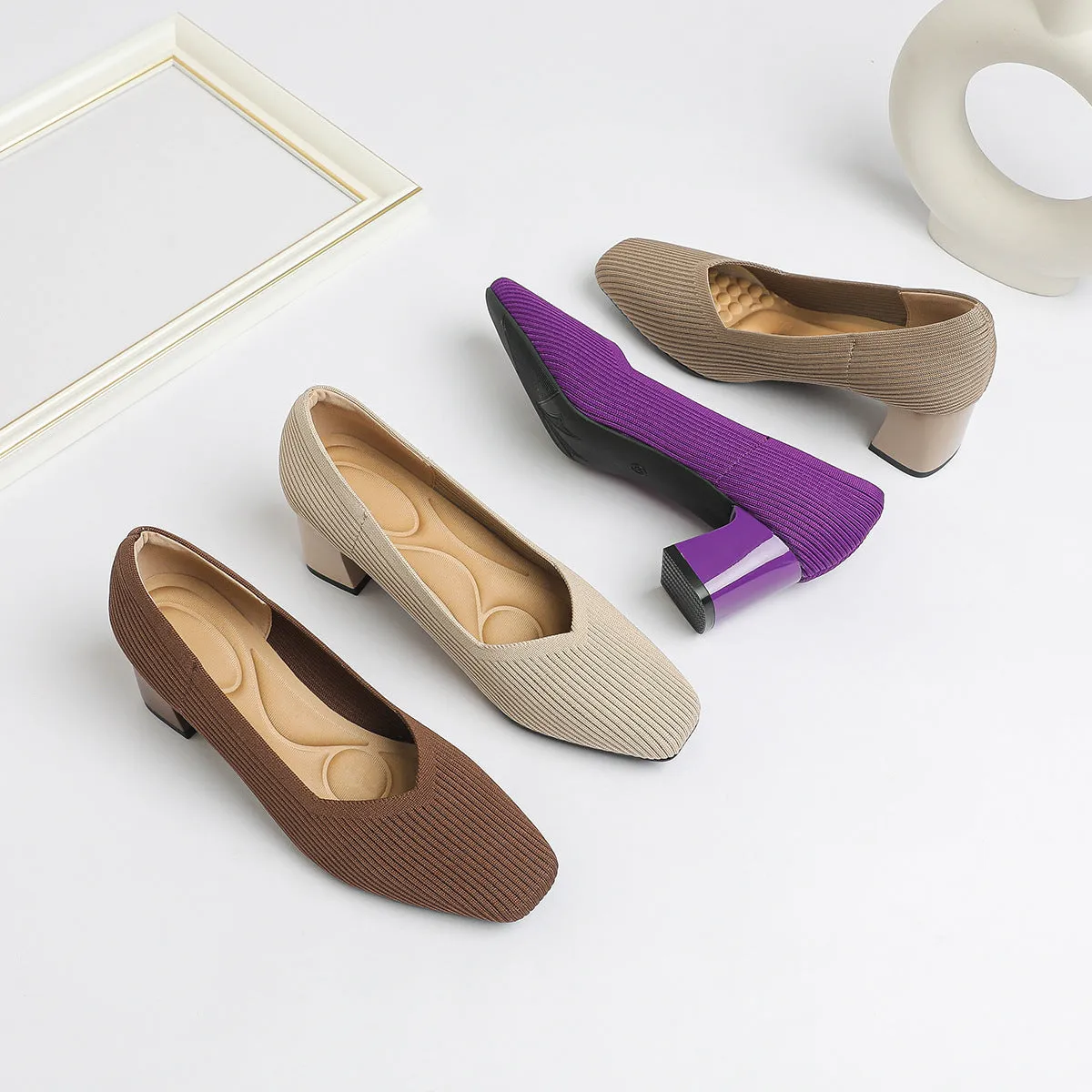 Women's thick head stiletto knitted shoes with block heel, square toe, and mid-heel height, available in multiple colours