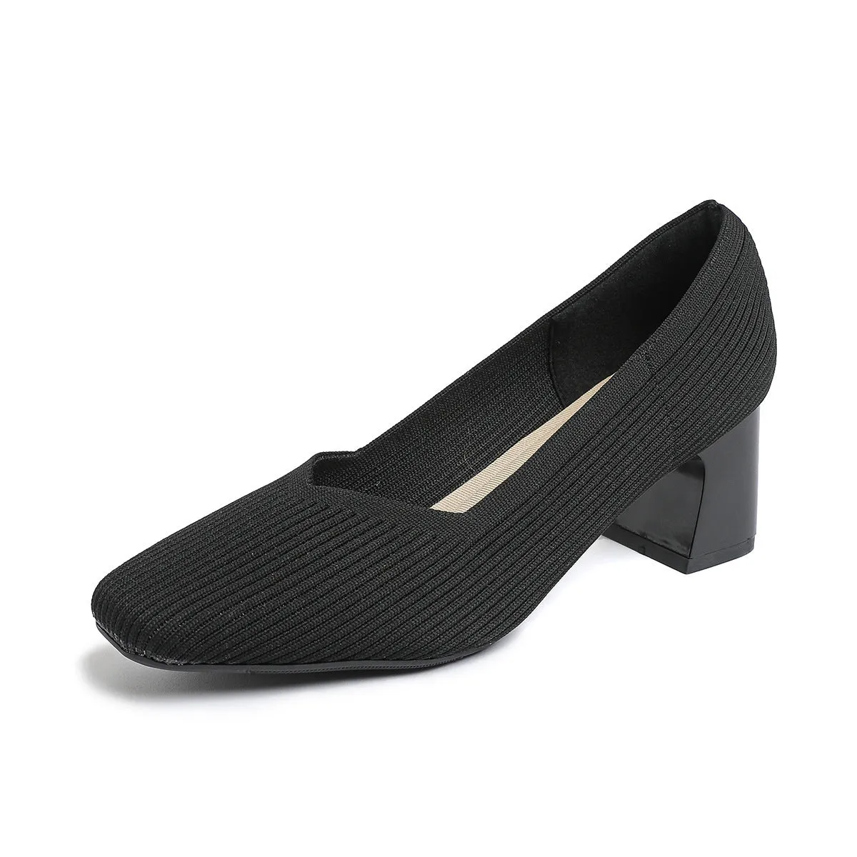 Women's thick head stiletto knitted shoes with block heel, square toe, and mid-heel height, available in multiple colours