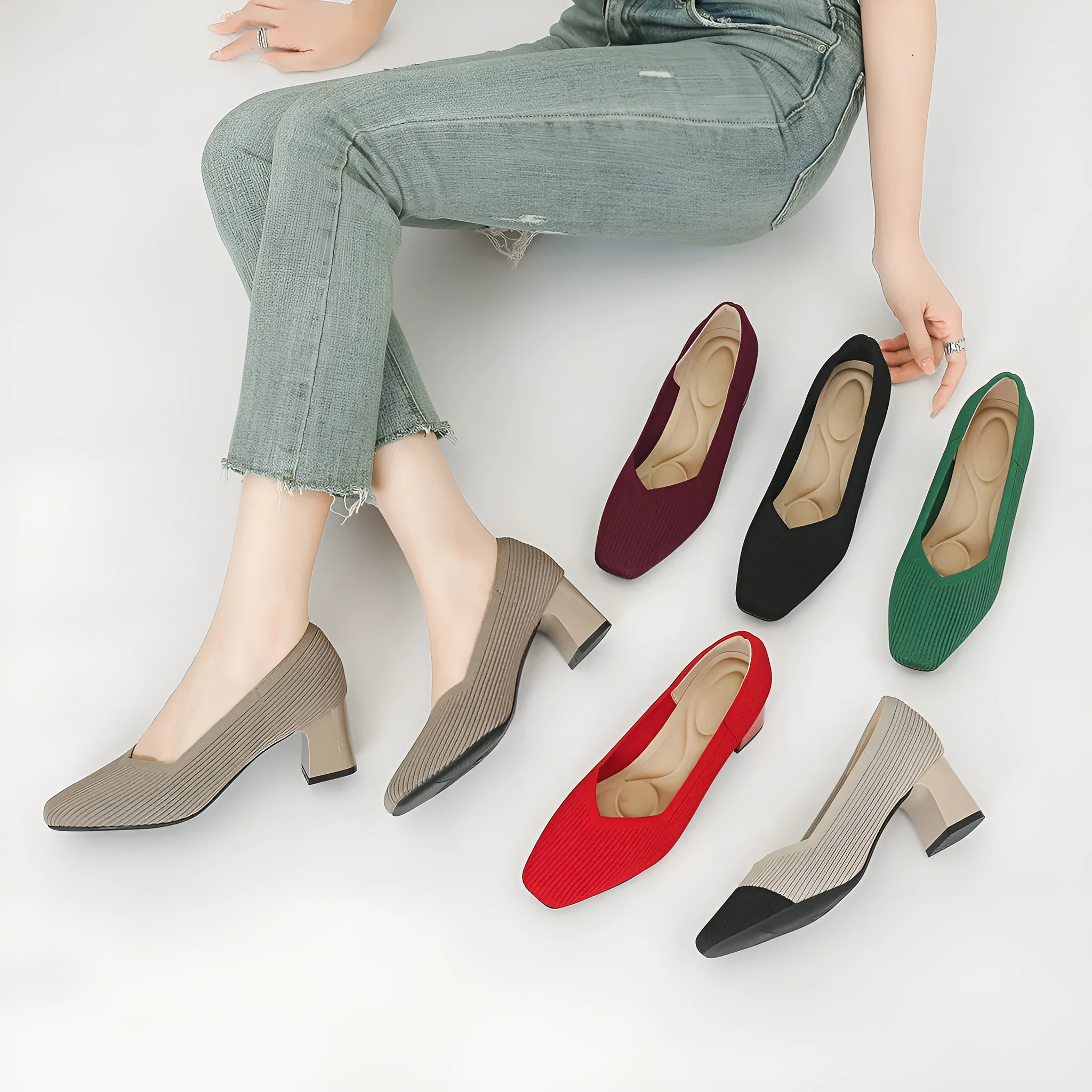 Women's thick head stiletto knitted shoes with block heel, square toe, and mid-heel height, available in multiple colours