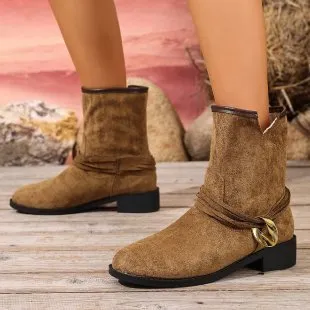 Women's casual metal buckle slip-on Martin boots, pointed toe, low shaft, rubber sole, khaki colour