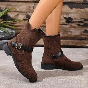 Women's casual metal buckle slip-on Martin boots, pointed toe, low shaft, rubber sole, khaki colour
