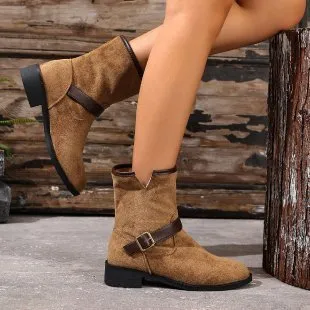 Women's casual metal buckle slip-on Martin boots, pointed toe, low shaft, rubber sole, khaki colour