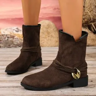Women's casual metal buckle slip-on Martin boots, pointed toe, low shaft, rubber sole, khaki colour