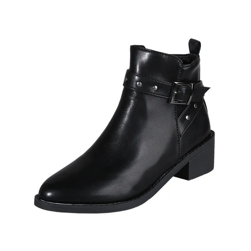 Retro chunky heel studded buckle pointed toe Martin boots in faux leather, black colour, block heel, rubber sole.