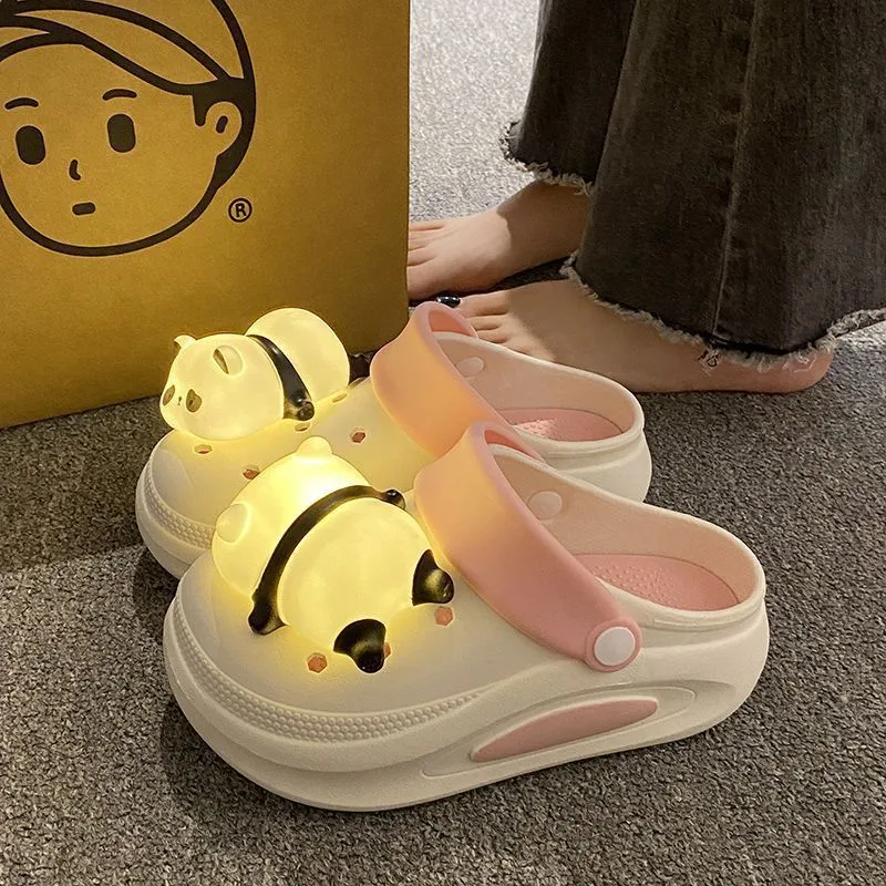 Women's anti-slip platform panda light hole slippers in Khaki, thick PVC sole, size 36-37