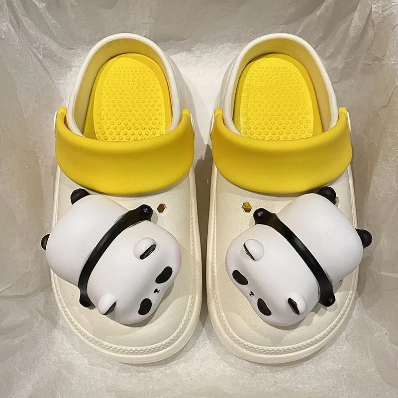 Women's anti-slip platform panda light hole slippers in Khaki, thick PVC sole, size 36-37