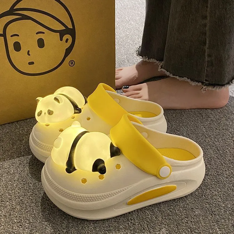 Women's anti-slip platform panda light hole slippers in Khaki, thick PVC sole, size 36-37