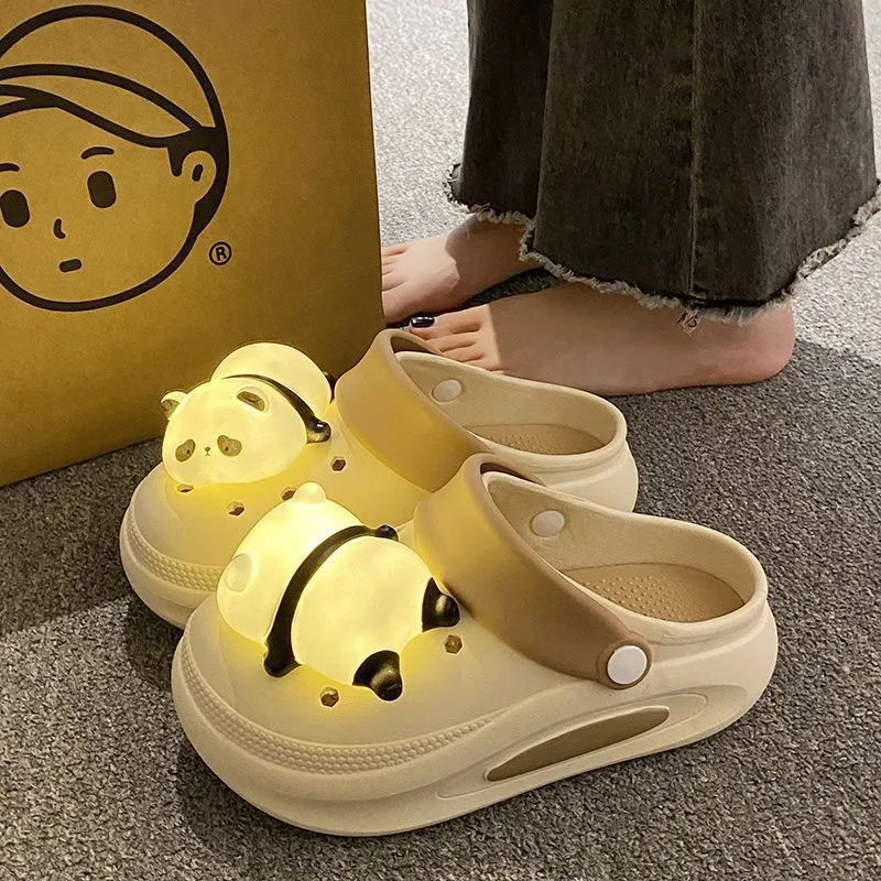 Women's anti-slip platform panda light hole slippers in Khaki, thick PVC sole, size 36-37