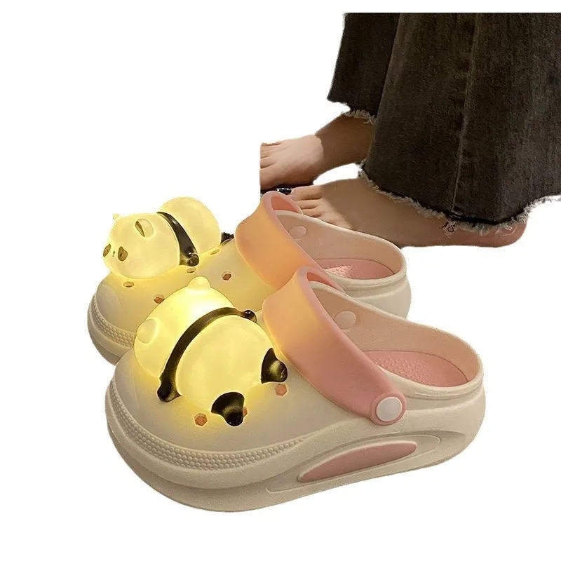 Women's anti-slip platform panda light hole slippers in Khaki, thick PVC sole, size 36-37