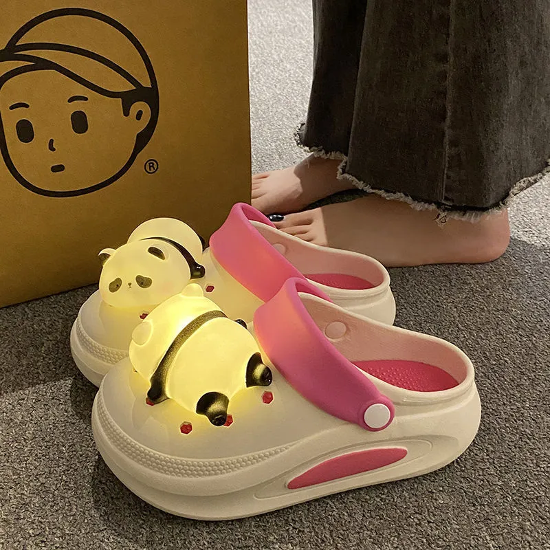 Women's anti-slip platform panda light hole slippers in Khaki, thick PVC sole, size 36-37
