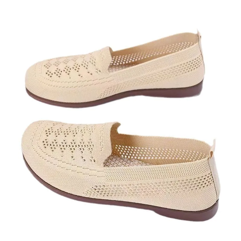 Women's beige low-top casual slip-on shoes with mesh upper and round toe.