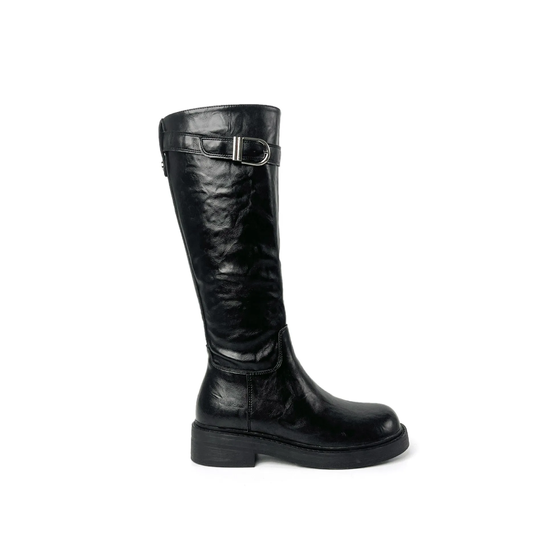 Women's knee-high black retro martin boots with square heel and side zipper