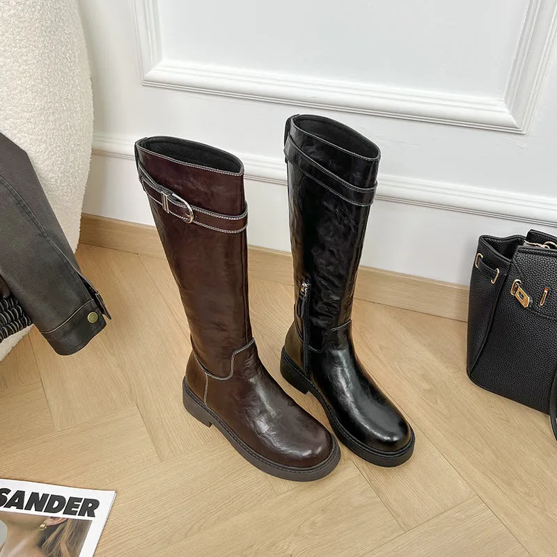 Women's knee-high black retro martin boots with square heel and side zipper