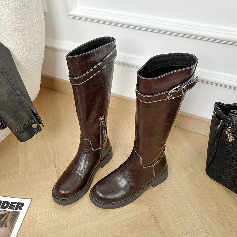 Women's knee-high black retro martin boots with square heel and side zipper