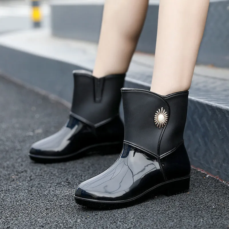 Women's middle tube rain boots with non-slip sole, thickened lining, available in beige black purple sizes 36-40